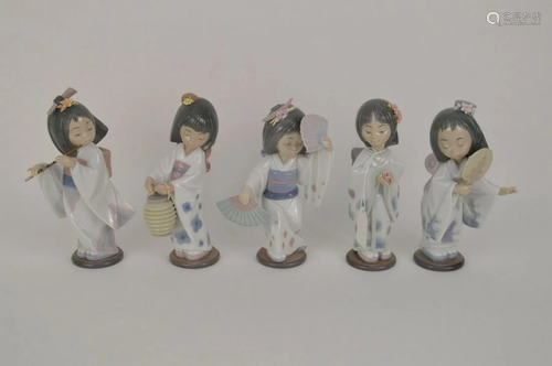 FIVE LLADRO JAPANESE GEISHA PORCELAIN FIGURES -