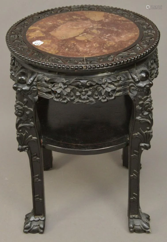 Chinese Hardwood and Marble Circular Table with Carved