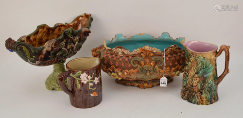 FOUR FRENCH MAJOLICA, TWO PITCHERS & TWO CENTERPIECE