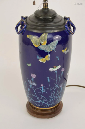 CHINESE COBALT BLUE PORCELAIN LAMP WITH BUTTERFLIES -