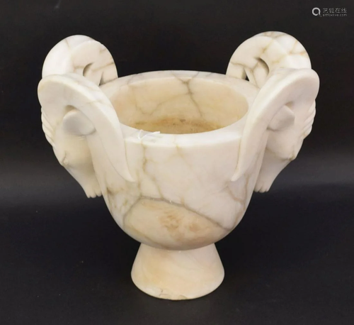 ALABASTER PLANTER WITH HORNED GOAT HEADS _ Alabaster