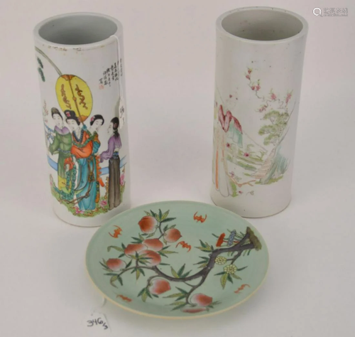 THREE CHINESE PORCELAINS, TWO VASES ONE PLATE -