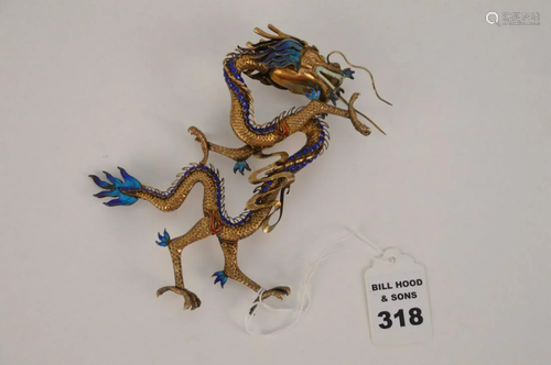 CHINESE SILVER ENAMEL DRAGON FIGURE - Gold-wash over