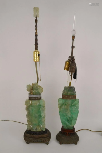 TWO CHINESE CARVED GREEN QUARTZ LAMPS - Two urn-form