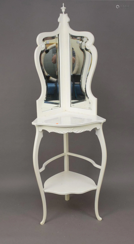 Vintage Painted white corner shelf/stand with mirrors