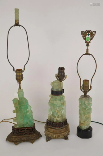 THREE CHINESE CARVED GREEN QUARTZ LAMPS - Grouping of