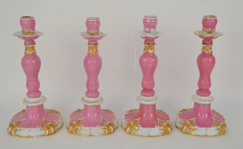 SET OF FOUR 19th CEN. MEISSEN PORCELAIN CANDLESTICKS -