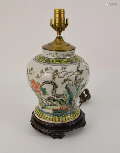 CHINESE FAMILLE VERTE PORCELAIN GINGER JAR FORM LAMP -