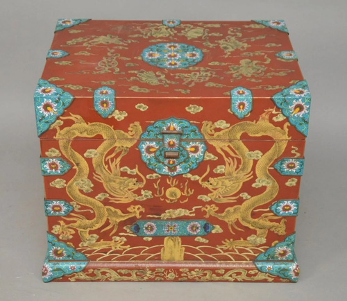 CHINESE RED LACQUER & CLOISONNE TRUNK. The red lacquer