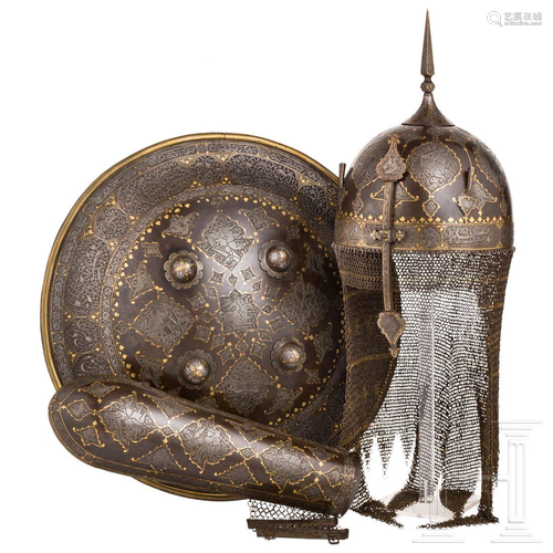 A set of Persian armour, chiselled and inlaid in gold,