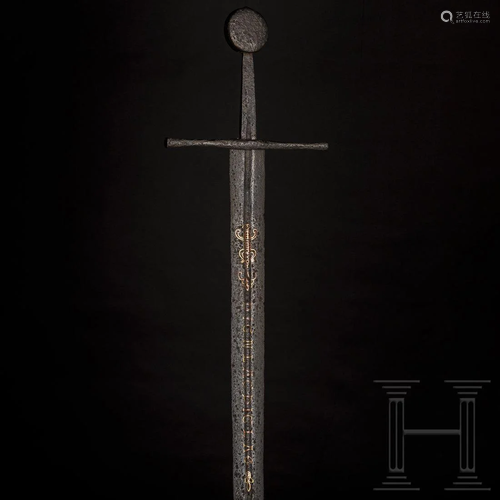 A German Gothic medieval sword with gold-inlaid blade,