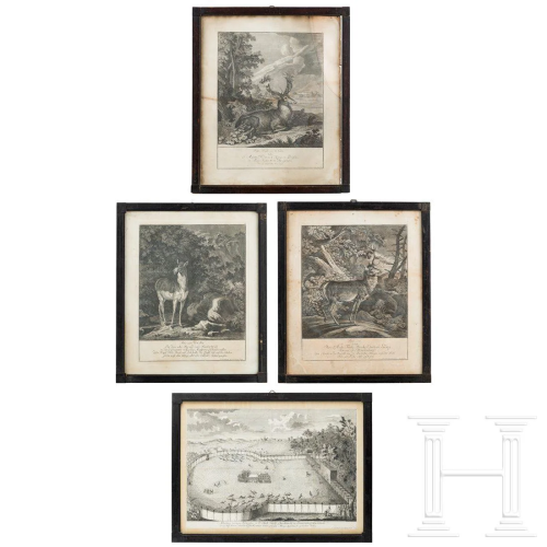 Four hunting engravings, three of them by Johann Elias