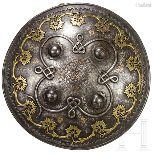 A gold- and silver-inlaid shield, Lahore, 19th century