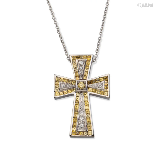 18kt white gold, diamond and yellow sapphires cross