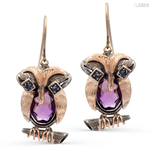 Rose gold and silver owl shaped pendant earrings