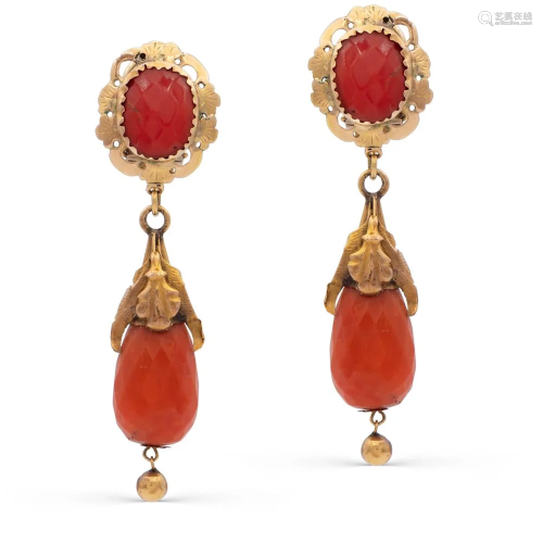 12kt yellow gold and red coral pendant earrings