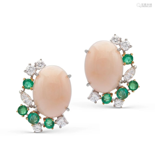 18kt white gold, pink coral, diamond and emerald lobe