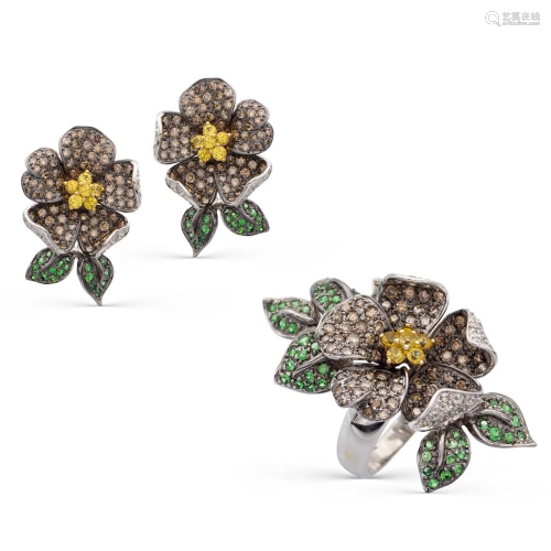 18kt black gold, diamonds and yellow sapphires floral