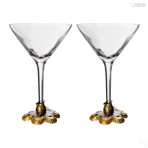 St. John Enameled Crystal Martini Glasses with Box