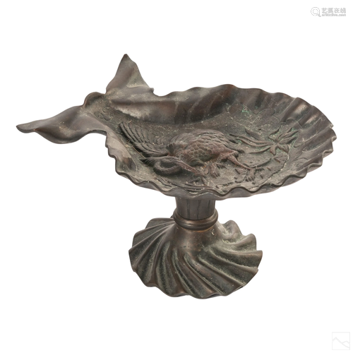 Chinese Bronze Crane Shell Pedestal Compote Plate