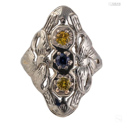 18K White Gold Art Deco Blue Yellow Sapphire Ring