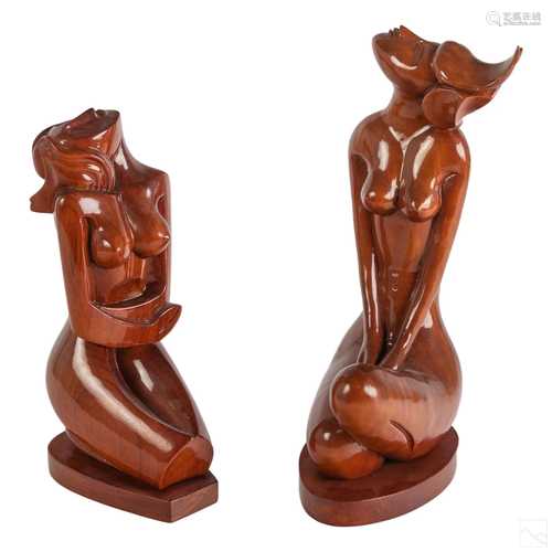 Mid Century Modern Pair Carved Wood Nude Sculpture