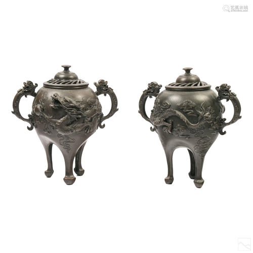 Chinese Antique Bronze Dragon Incense Burners Pair