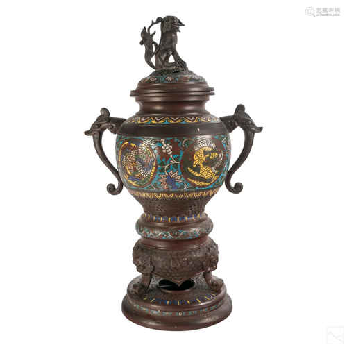 Chinese Bronzed Cloisonne Foo Dog Incense Burner