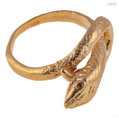 14K Gold Signed Designer Coiled Snake Serpent Ring