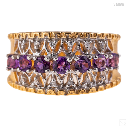 14K Gold Diamond Amethyst Ladies Reticulated Ring