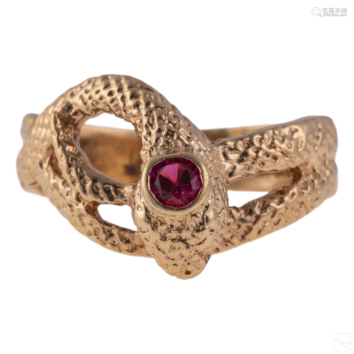 14K Gold VTG Ruby Red Gemstone Snake Ring Sz 10.5