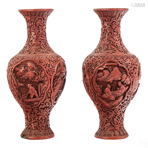 Chinese Cinnabar Landscape & Scholars Relief Vases