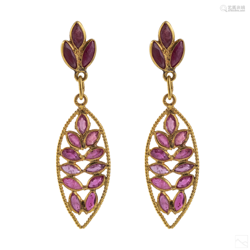 18K Gold and Ruby Ladies Dangle Drop Post Earrings