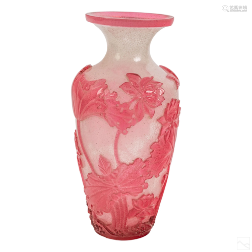 Chinese Pink Peking Glass Bird & Flower Vase w/Box