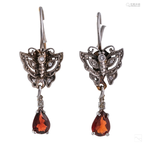 14K Gold Signed Diamond Garnet Butterfly Earrings