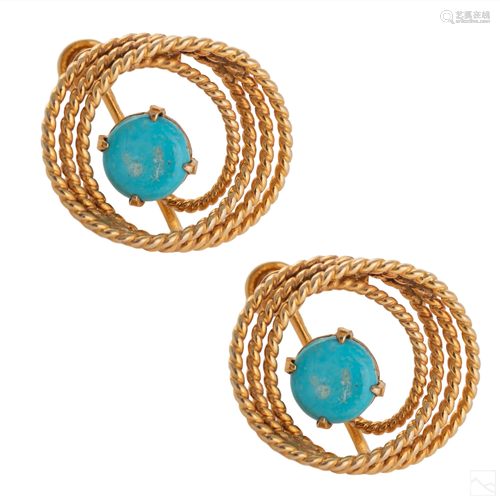 14K Gold Retro Designer Signed Turquoise Earrings