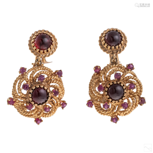 14K Gold Garnet and Ruby Dangle Drop Earrings 20g.