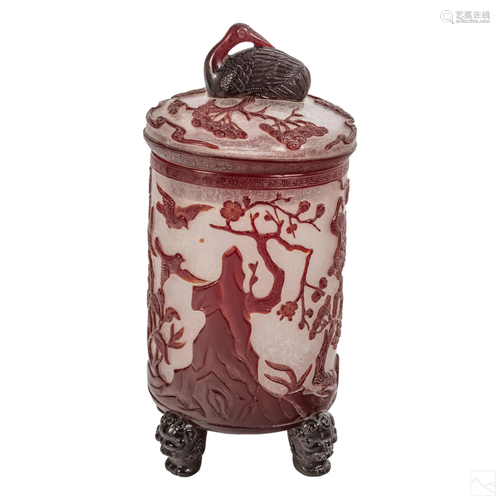 Chinese Red Peking Cameo Glass Covered Jar and Box