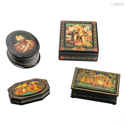 LOT of 4 Russian Folk Art Hand Painted Lacquer Box