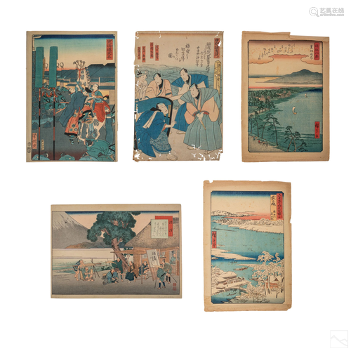 Japanese Antique Ukiyo E Woodblock Art Print Group