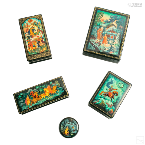 LOT of 5 Russian Folk Art Hand Painted Lacquer Box