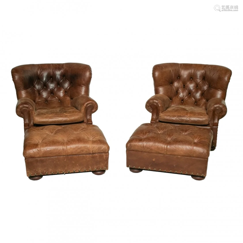 Pair Ralph Lauren Leather Club Chairs & Ottomans