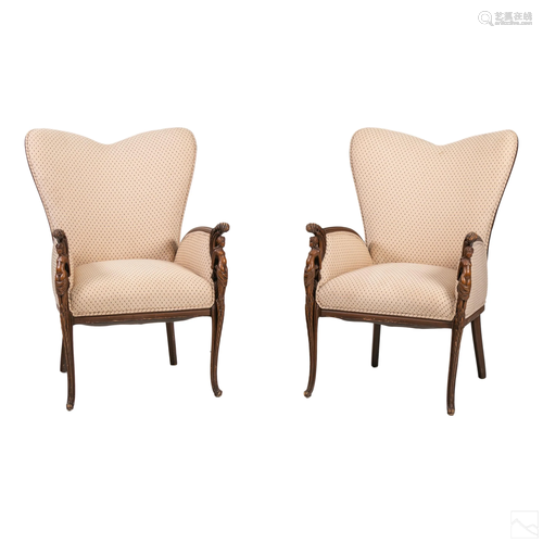 2 Heart Shaped Back Upholstered Figural Armchairs