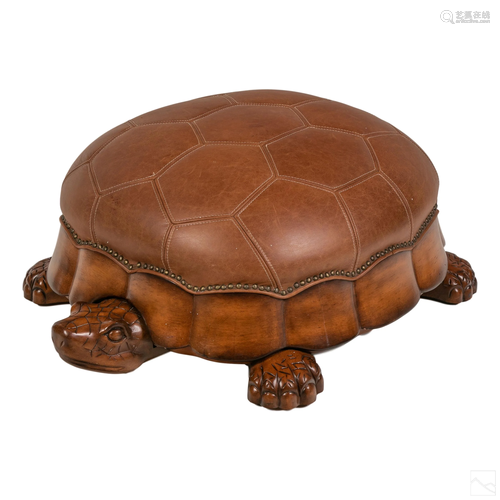 Turtle Form Modern Carved Wood and Leather Ottoman