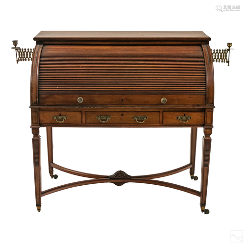 French Style Antique Mahogany Tambour Rolltop Desk