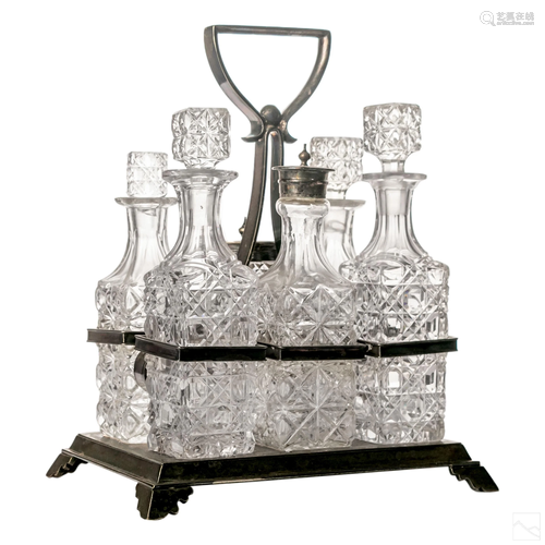 Silver Plate Cut Glass Antique Cruet Caddy Set 6pc