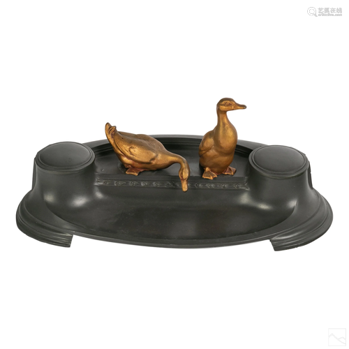 Bronzed Metal Vintage Double Duck Figural Inkwell