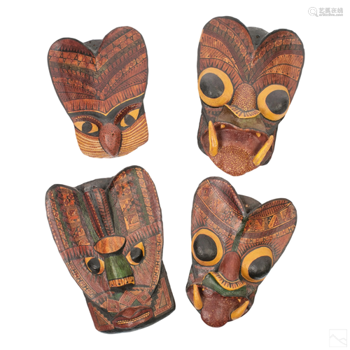 4 Peruvian Primitive Naive Folk Art Wood Mask LOT