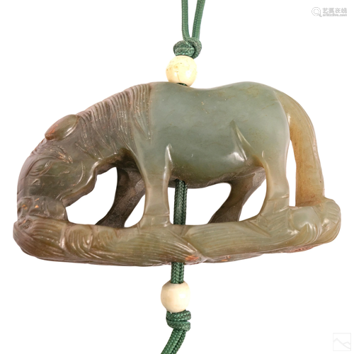 Chinese Spinach Jade Horse Carved Pendant Ornament