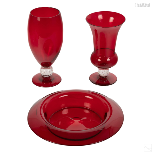 Pairpoint Mt. Washington Ruby Glass Vases and Bowl